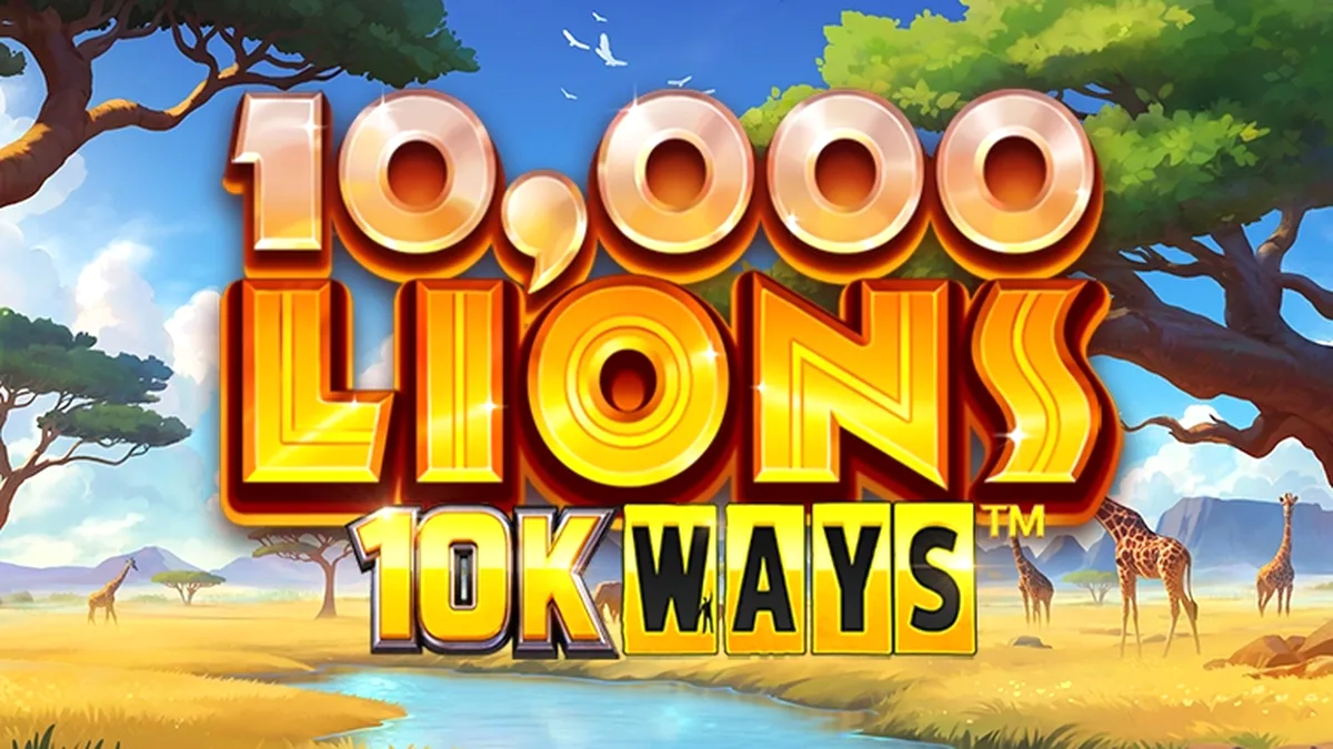 Tampilan visual mesin slot 10,000 Lions 10K Ways dengan tema singa yang megah