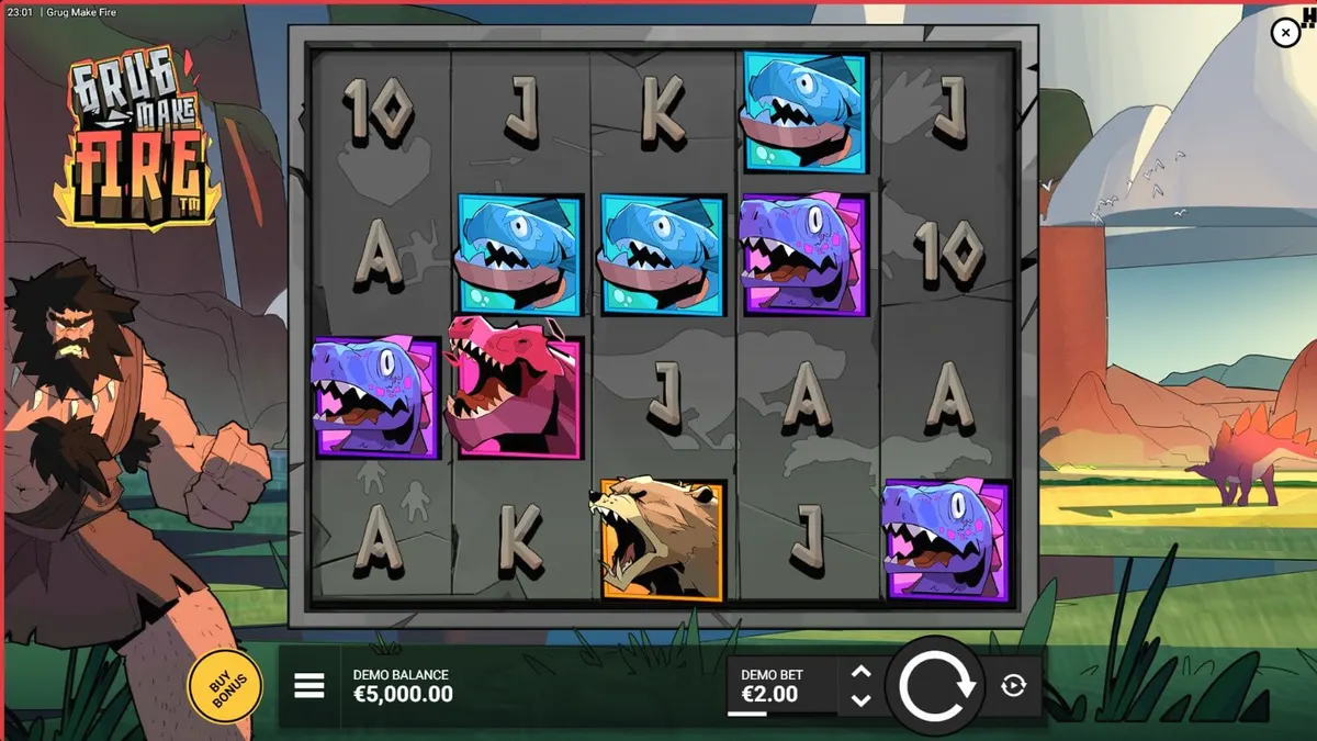 Tampilan visual karakter Grug dalam slot Grug Make Fire