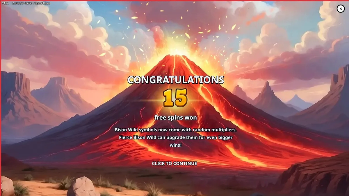 Pemandangan atmosferik ngarai berbatu dengan simbol bison yang bercahaya dalam slot Darkside Prairie: Magical Beasts.