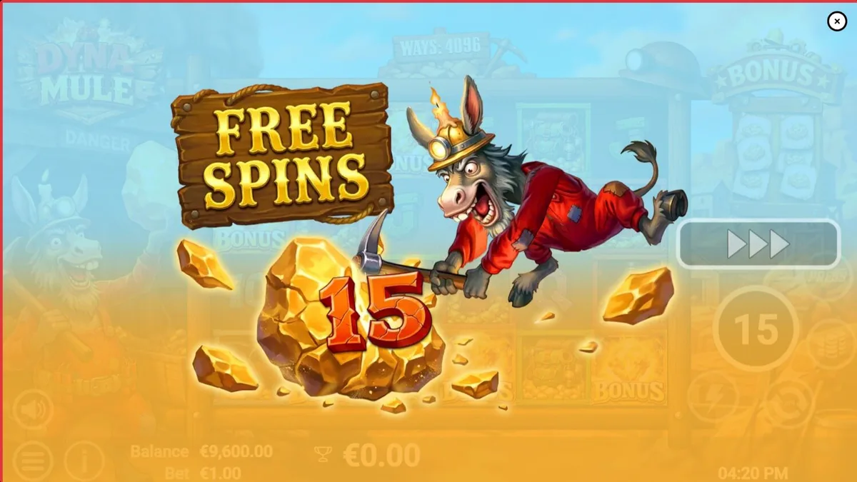 Tampilan visual slot Dyna Mule dengan tema tambang dan elemen mekanis