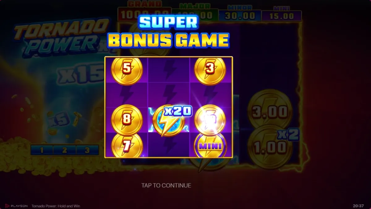 Tampilan visual slot Tornado Power: Hold and Win dengan tema buah dan kilat