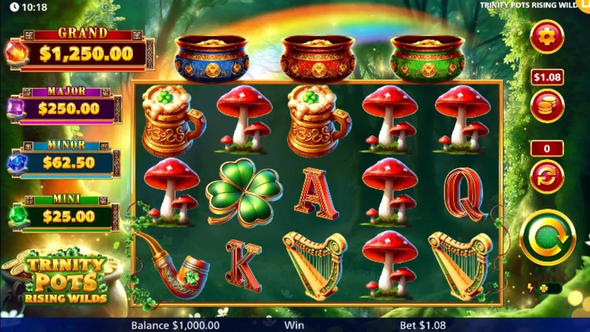 Tampilan visual slot Trinity Pots Rising Wilds dengan tema Irlandia yang ceria